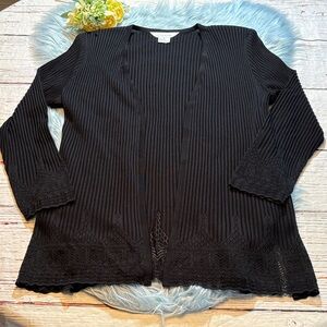 Exclusively Misook Black Ribbed Lace Trim Open Front Cardigan sz L